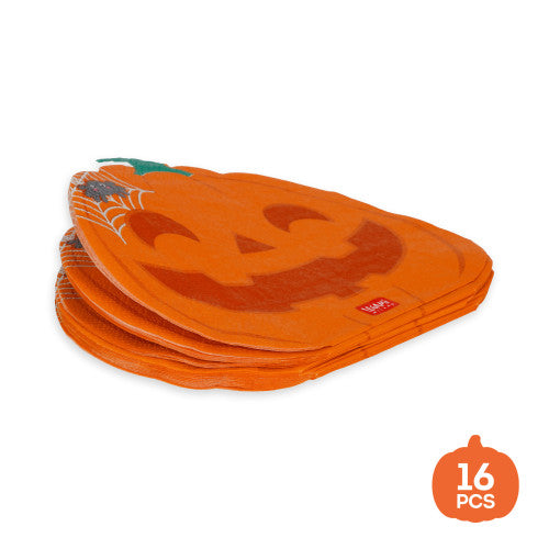 A stack of 16 orange Halloween-themed napkins shaped like jack-o'-lanterns, featuring carved facial details and spiderweb graphics, shown on a white background with a '16 PCS' badge.