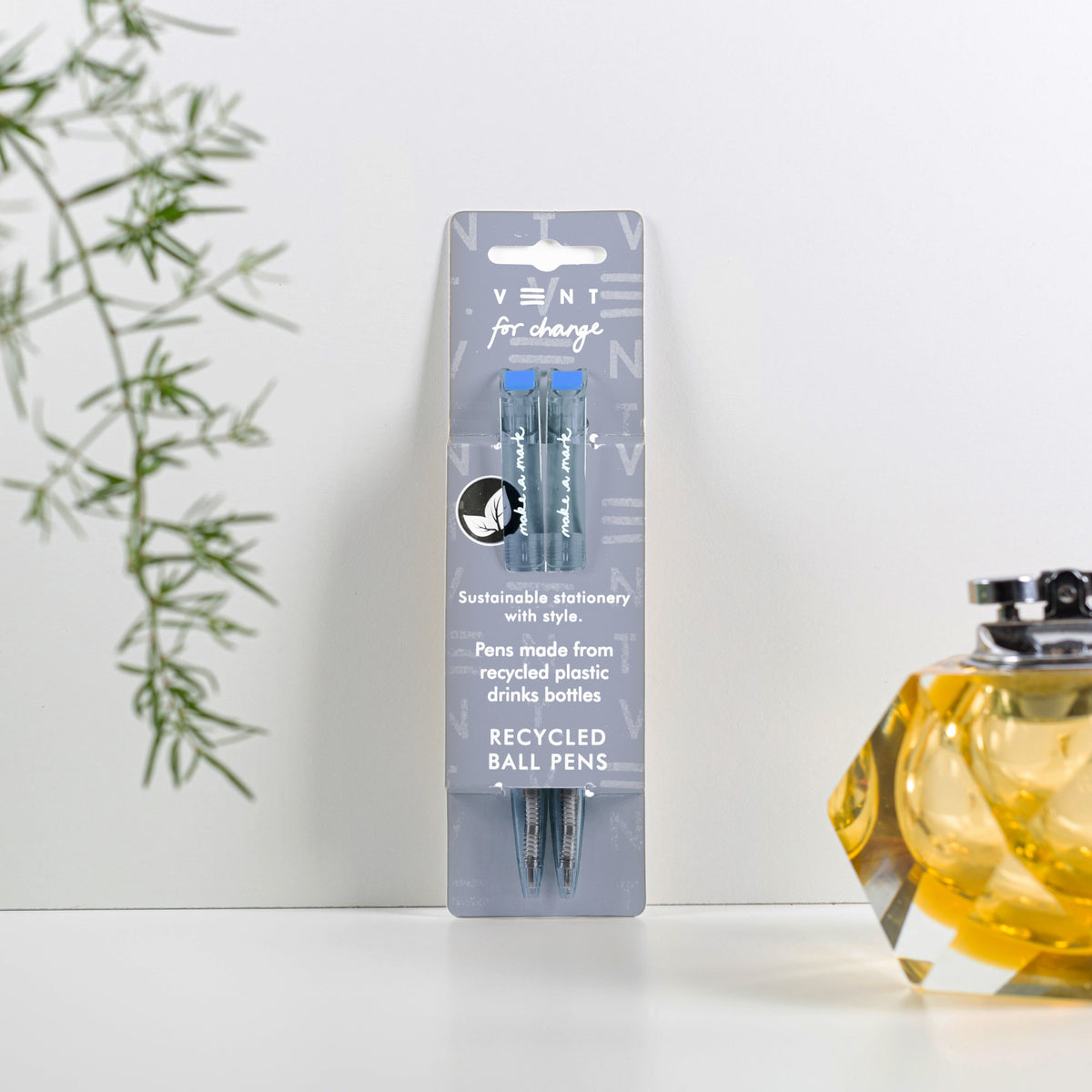 Make a Mark Recycled Pen 2 pack set by Vent for Change in it's packaging against a wall in colourway dusty blue