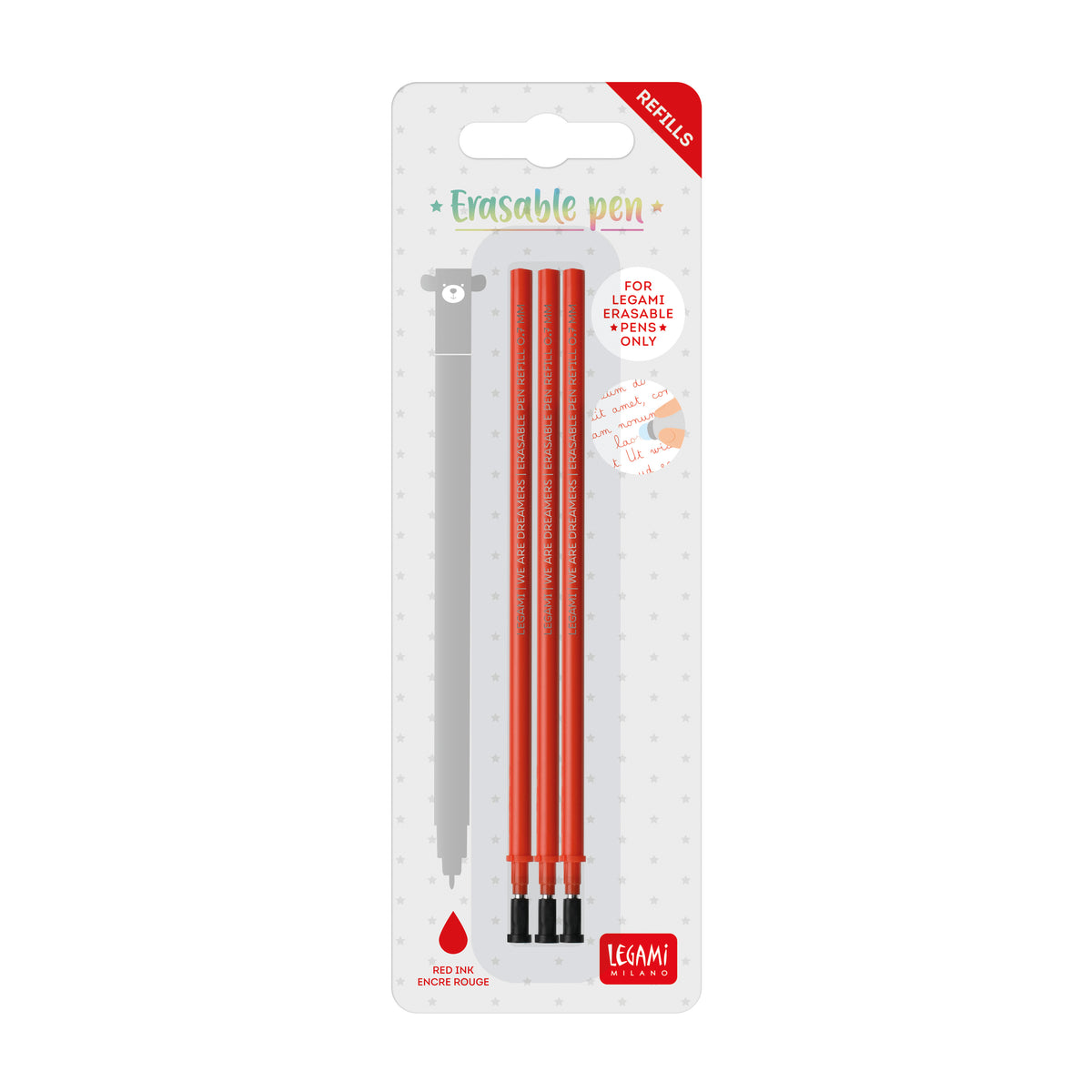 Three red erasable gel pens refills, packaged on a white card labeled 'Erasable pen' with a red 'refills' tab, by Legami Milano at penny black.