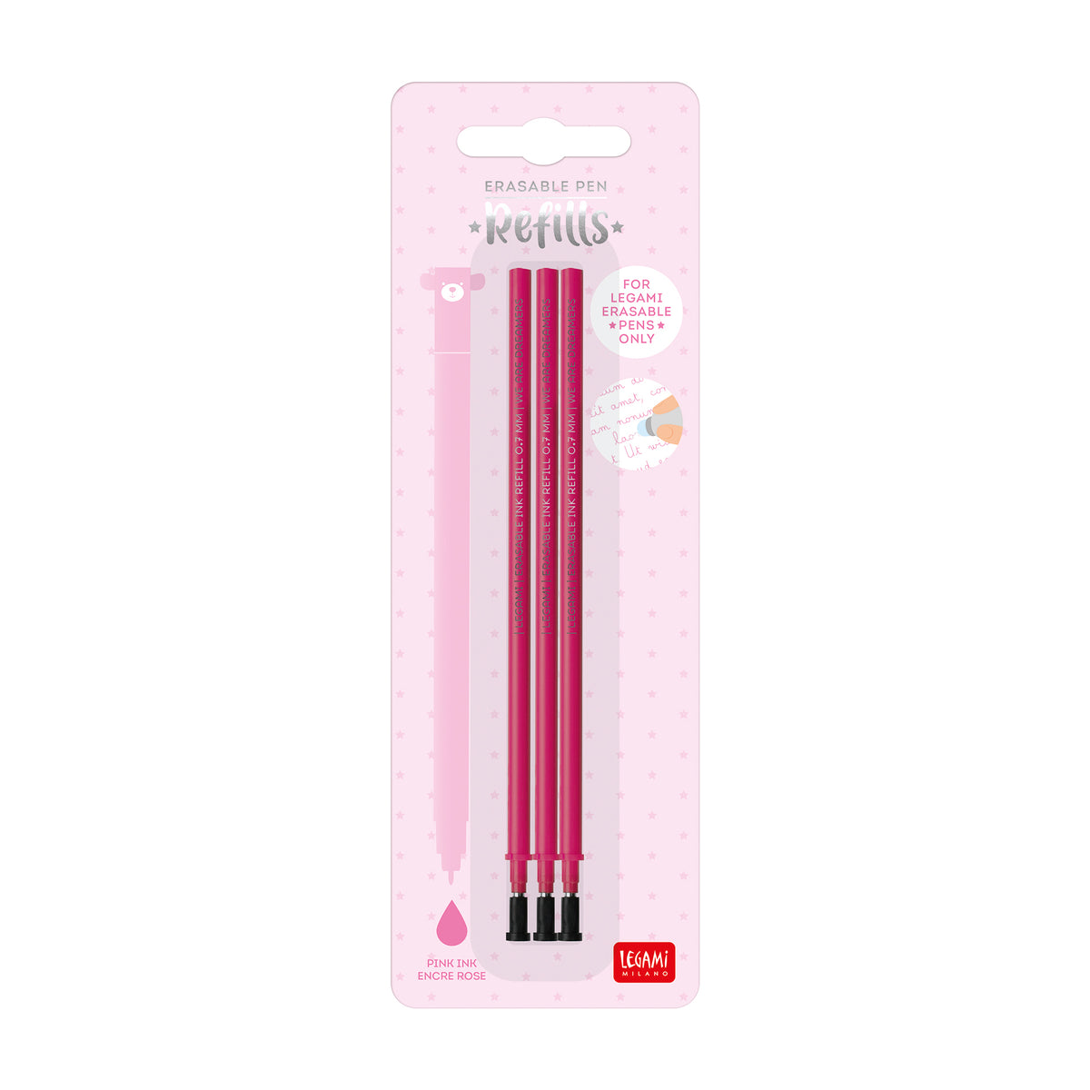 Three pink erasable gel pens refills, packaged on a pink card labeled 'Erasable pen refills' by Legami Milano at penny black.