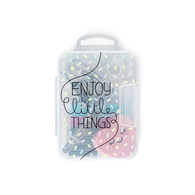 An image of a small plastic case containing mini stationery items. It has the words on the front in black writing 'Enjoy the little things'.