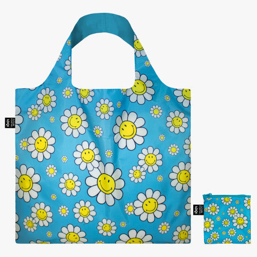Future Positive Smiley Flowers Aquarius LOQI Recycled Shopping Bag In Pouch By Penny Black