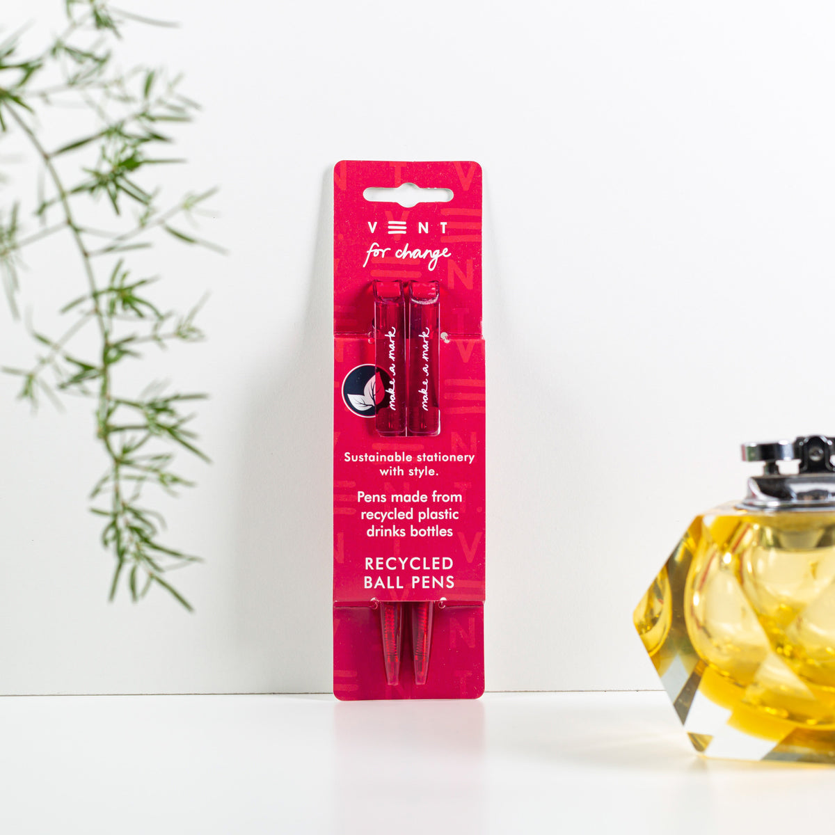Make a Mark Recycled Pen 2 pack set by Vent for Change in it's packaging against a wall in colourway warm pink