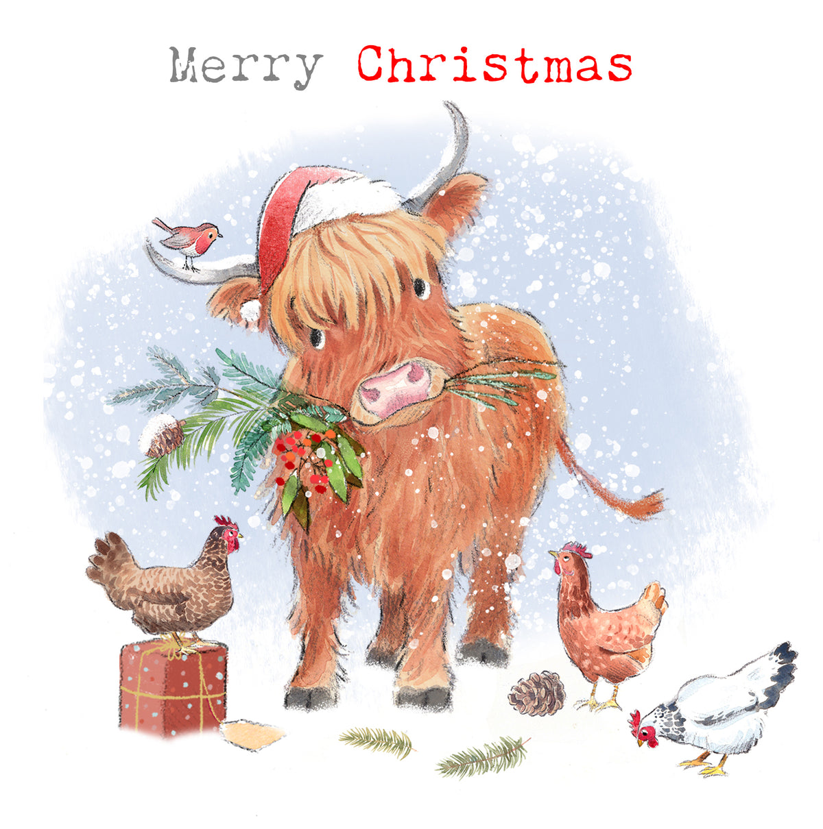 Santa Hat Highland Cow Merry Christmas Card By Penny Black