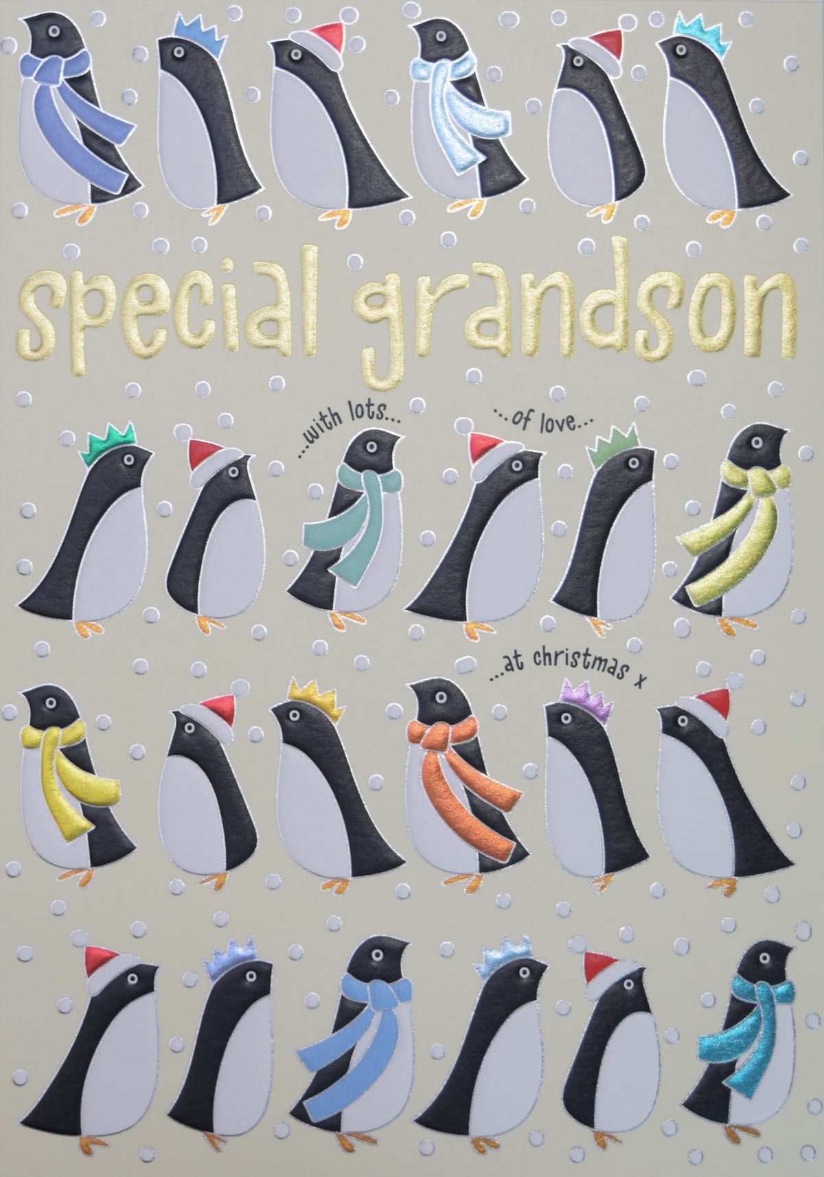 Special Grandson Foil Penguins With Scarves Christmas Card By Penny Black
