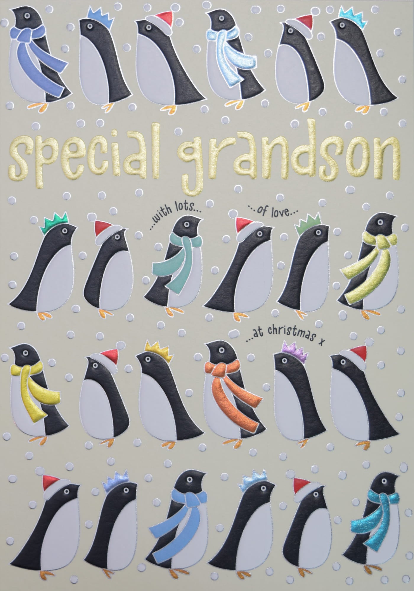 Special Grandson Foil Penguins With Scarves Christmas Card By Penny Black