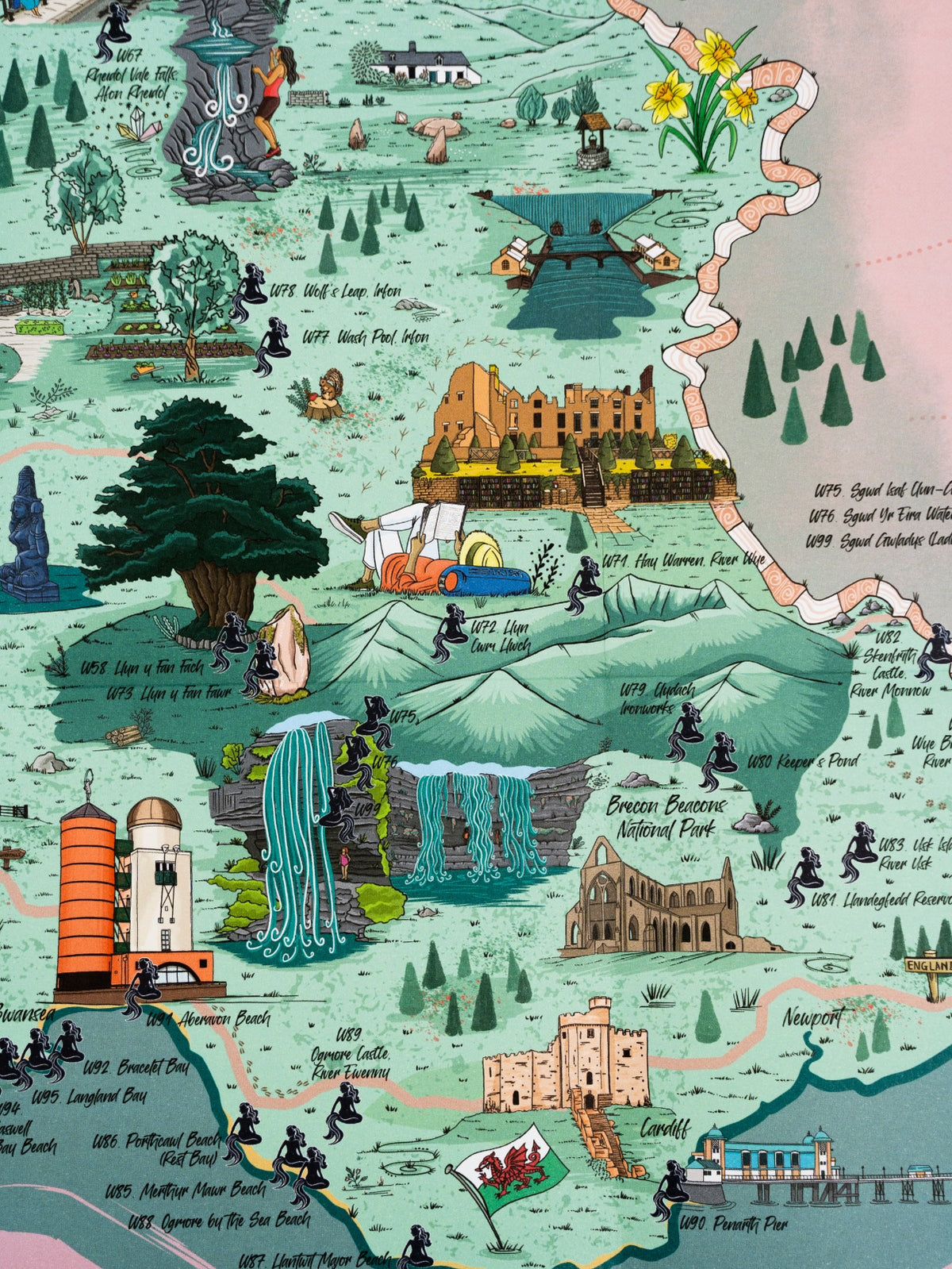 An example section of the swim map of Wales showing Brecon Beacons National Park and other parts of Wales and the possible swim locations.