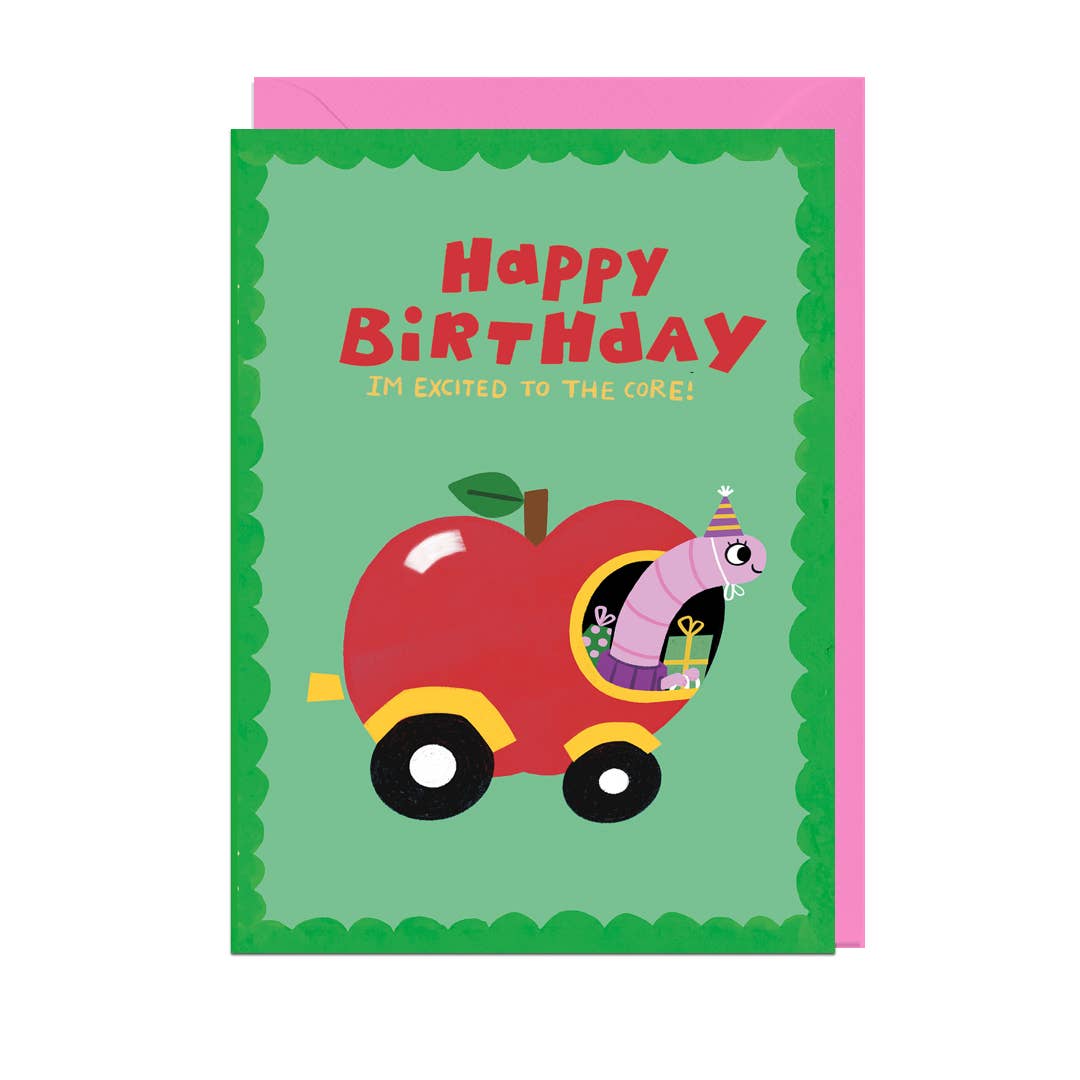 Worm Driving Apple Car Birthday Card by penny black