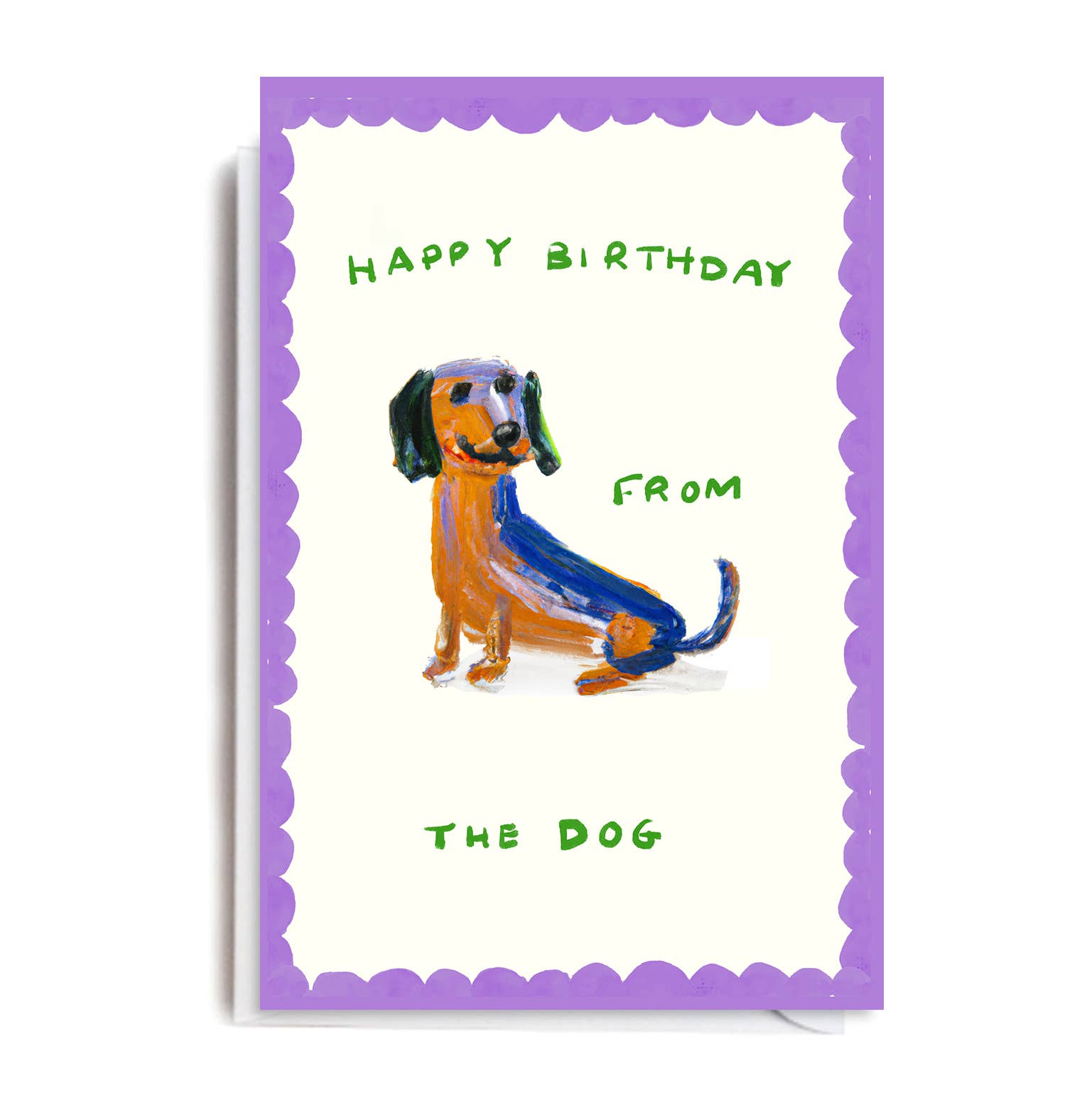 Birthday card with a dachshund illustration and 'Happy Birthday from the dog' text on a purple border.