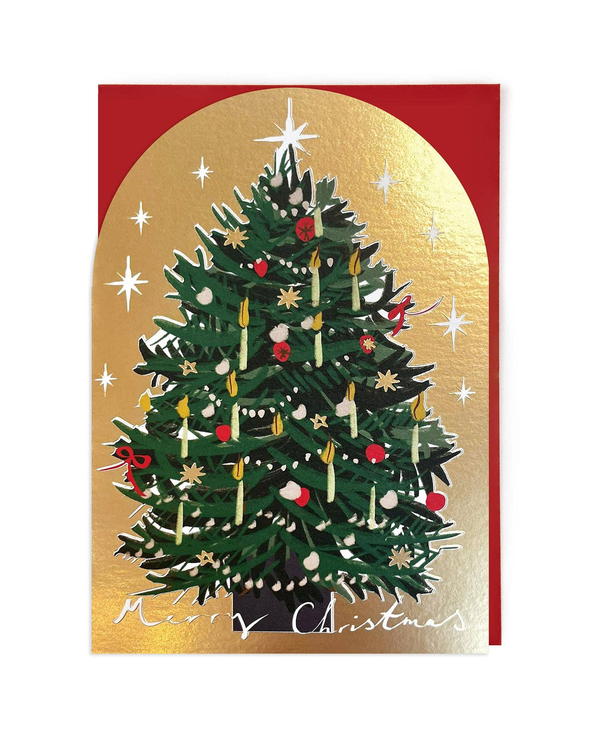 A Christmas greeting card featuring a decorated green tree with red, gold, and white ornaments against a gold arched background with white stars, a red border, and 'Merry Christmas' written at the bottom.