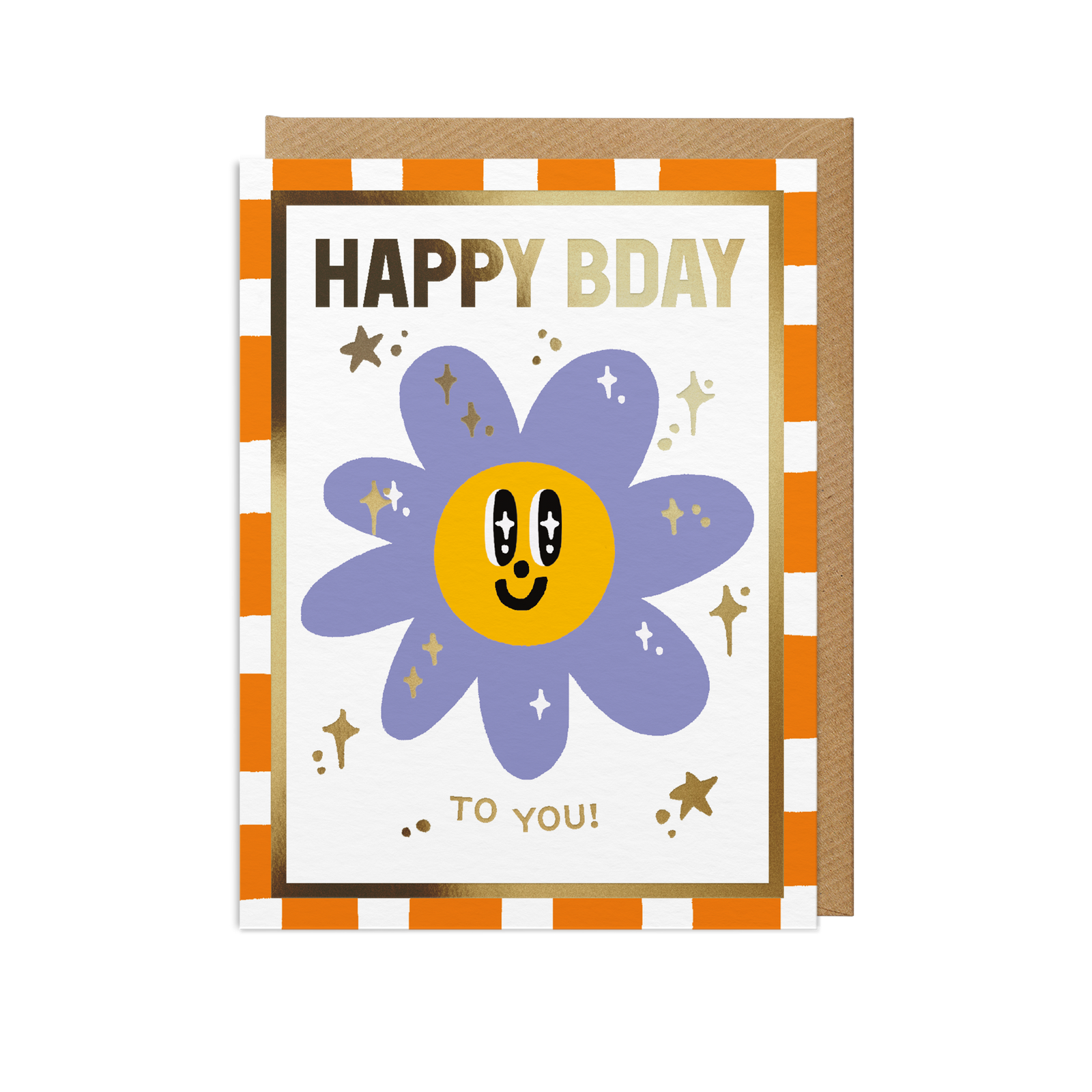 A mini birthday greeting card with a matching kraft envelope behind it. The card has an orange and white striped border, a large purple flower with a yellow smiling face in the centre, and the text 'HAPPY BDAY TO YOU!' in gold tones.