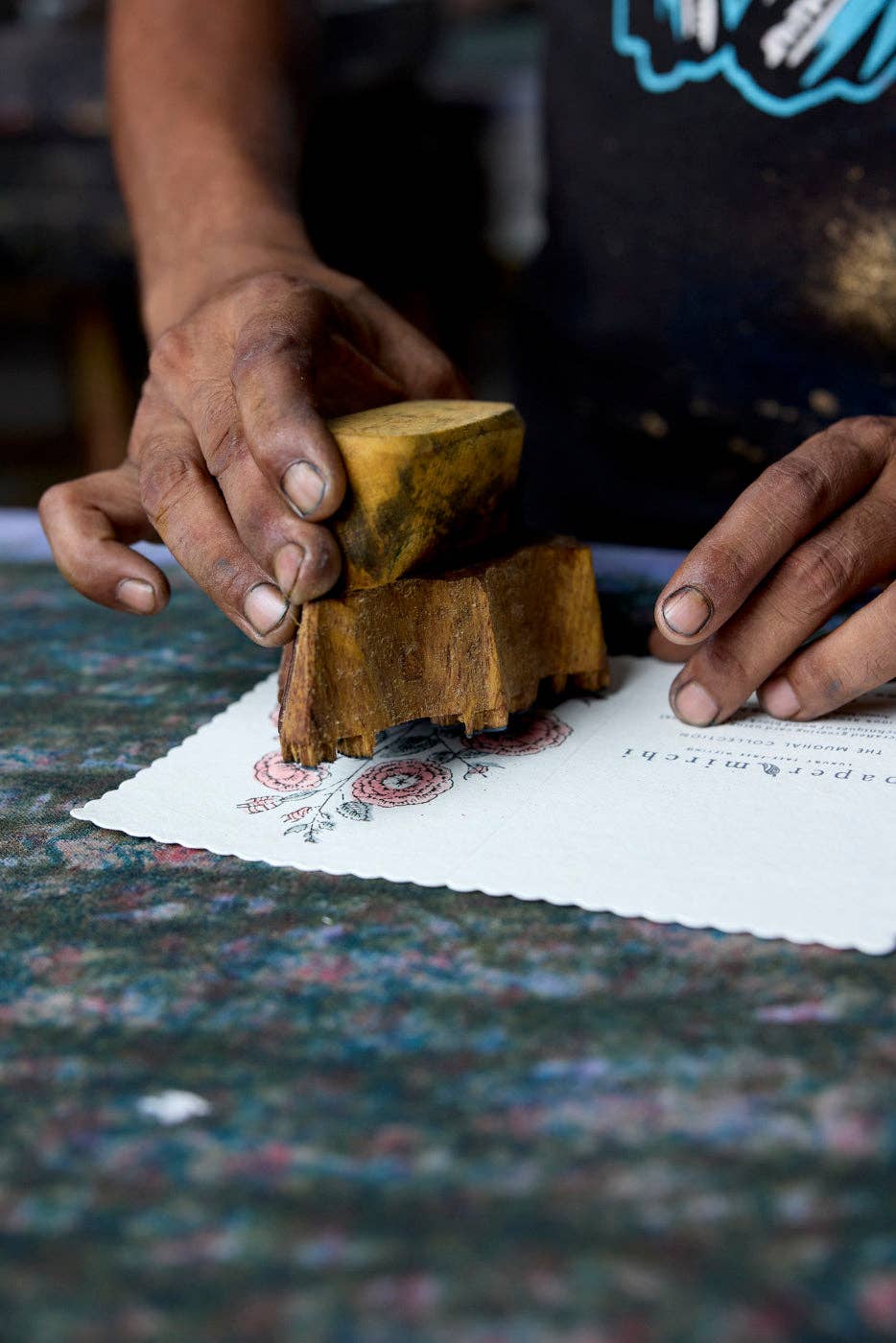 Gulab Dusky Pink Hand Block Printed Cotton Card by penny black showing printing process