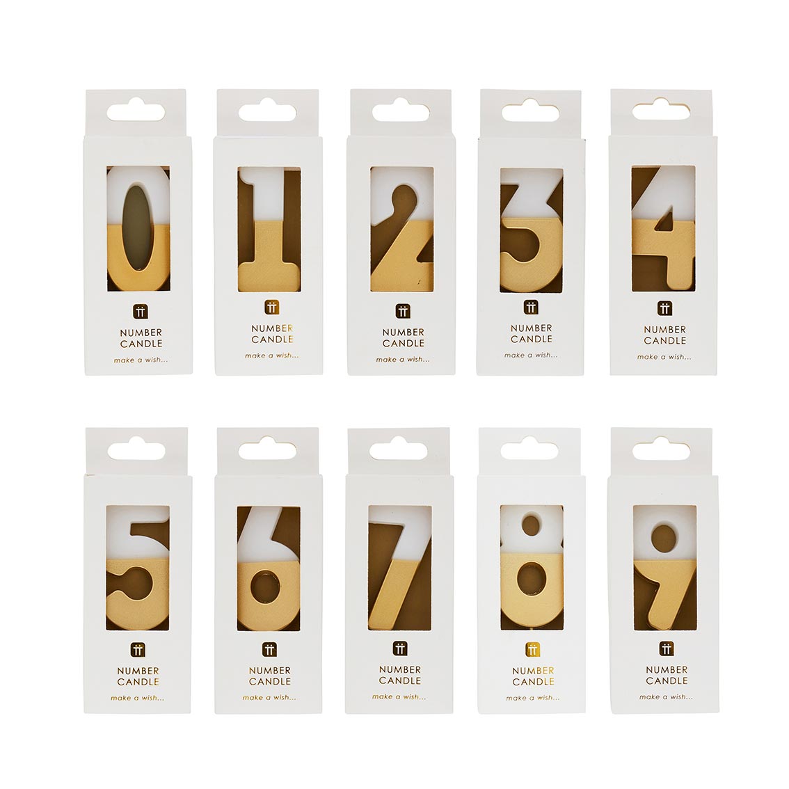 Gold & White Number Candle by talking tables at penny black - 0-9 candles in packaging