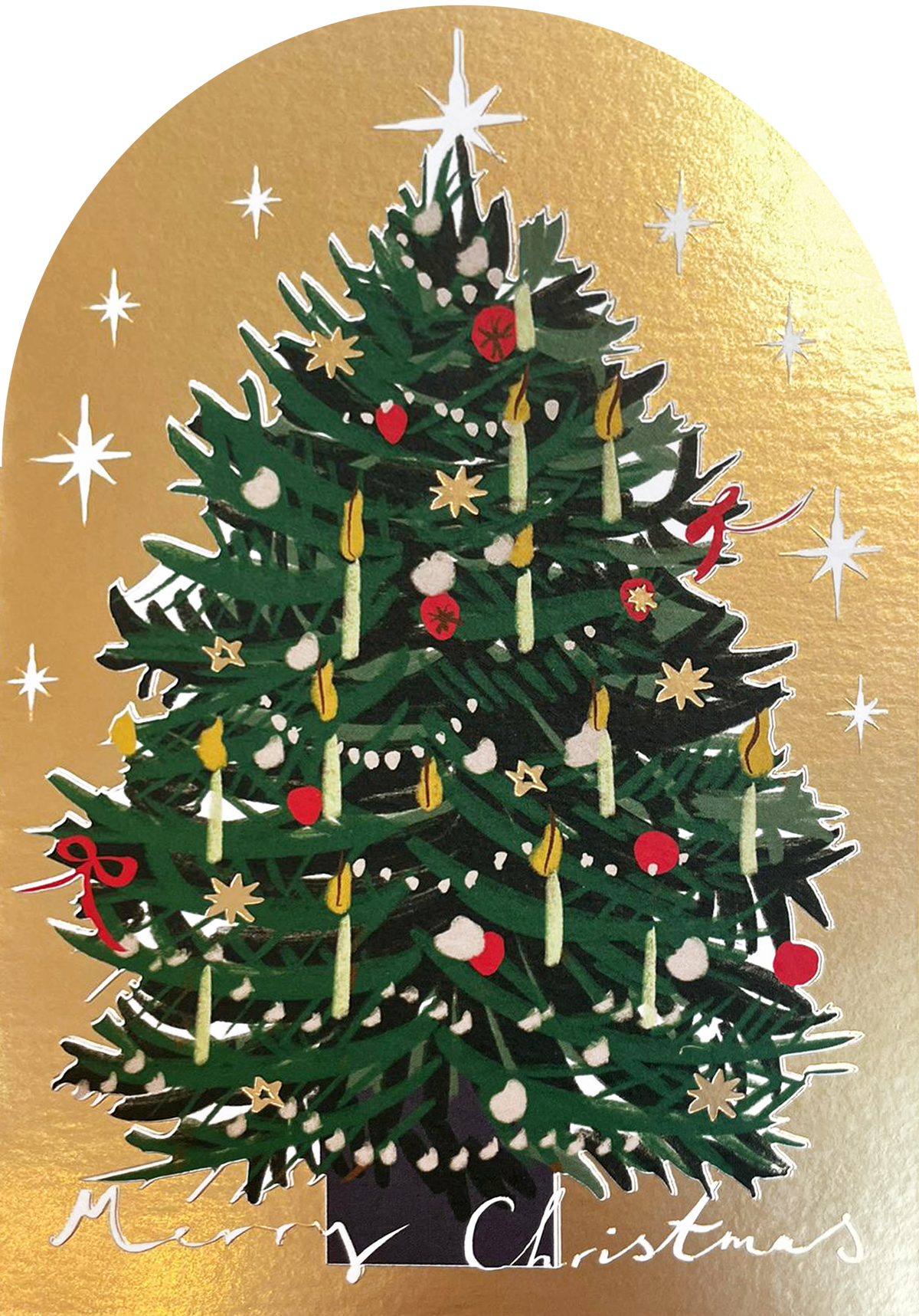 A Christmas card with a festive Christmas tree illustration on a gold background with white stars and the words 'Merry Christmas' at the bottom.
