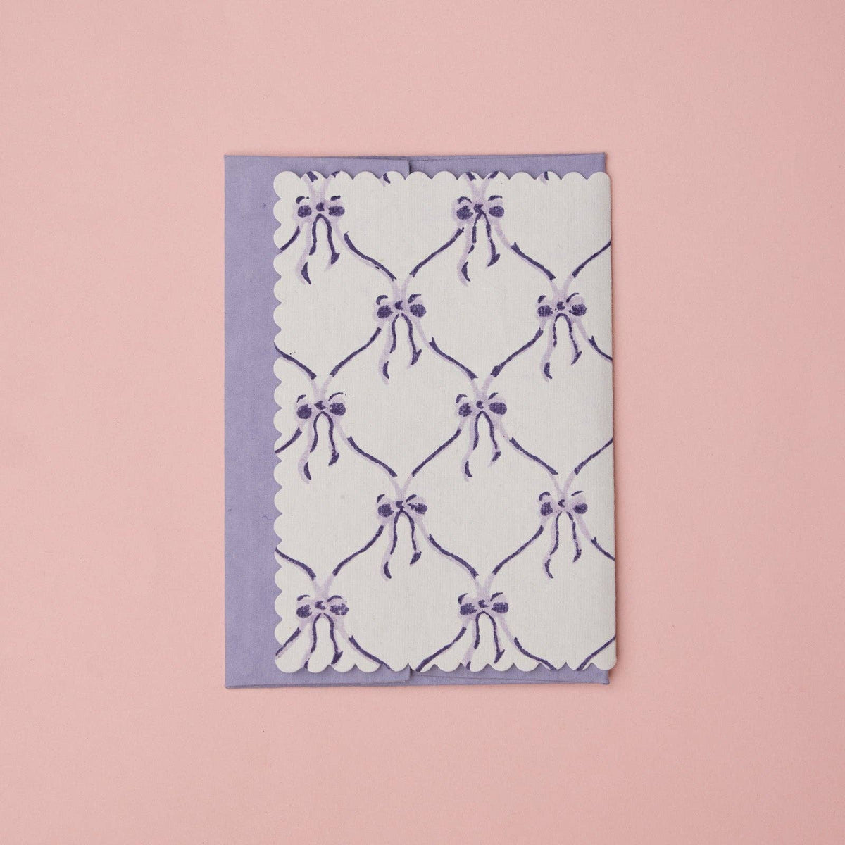 Violet Meringue Bows Hand Printed Cotton Birthday Card by penny black showing back of card