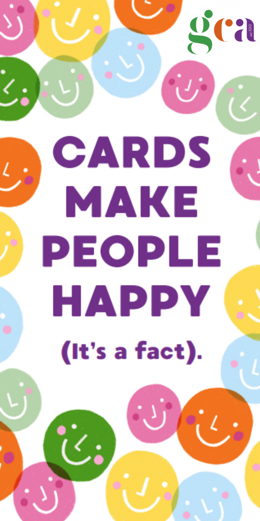 Colorful smiley face cards with text 'Cards Make People Happy (It's a fact)' on a white background