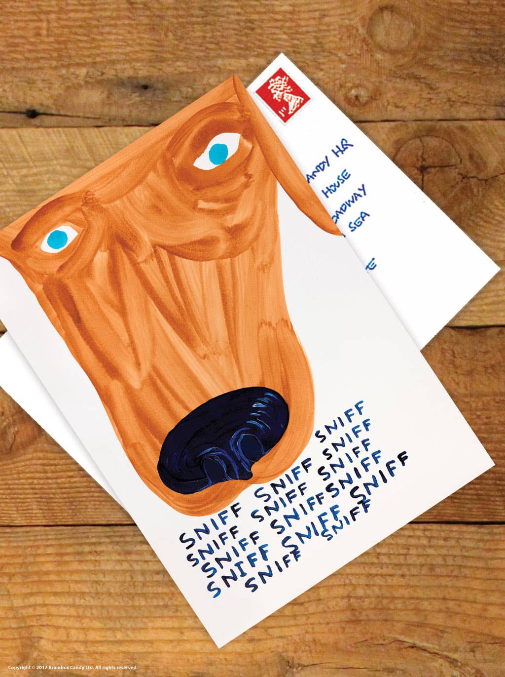 Sniff Sniff Sniff David Shrigley Dog Postcard by penny black shown on a tabletop with a stamp on one.