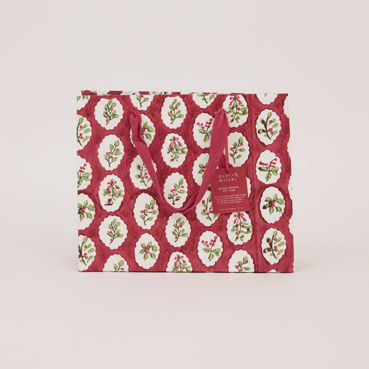 Festive foliage scallop design block printed gift bag by paper mirchi and penny black