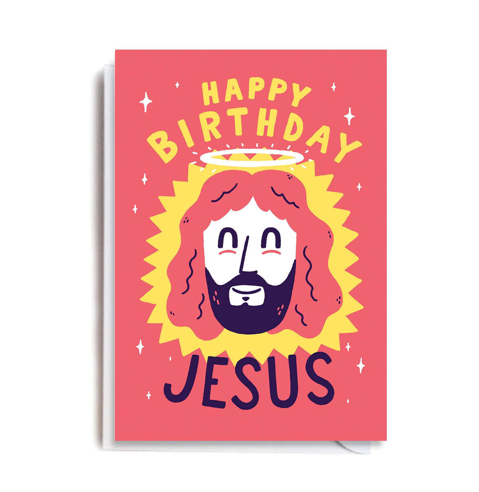 A red greeting card featuring a stylised illustration of Jesus with a halo and beard, with the words 'HAPPY BIRTHDAY JESUS' in yellow and dark purple text.