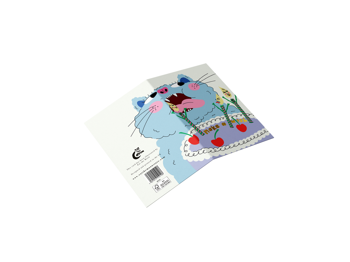 Make a Wish Cake Cat Birthday Card by penny black showing back and front of card opened out to reveal full design
