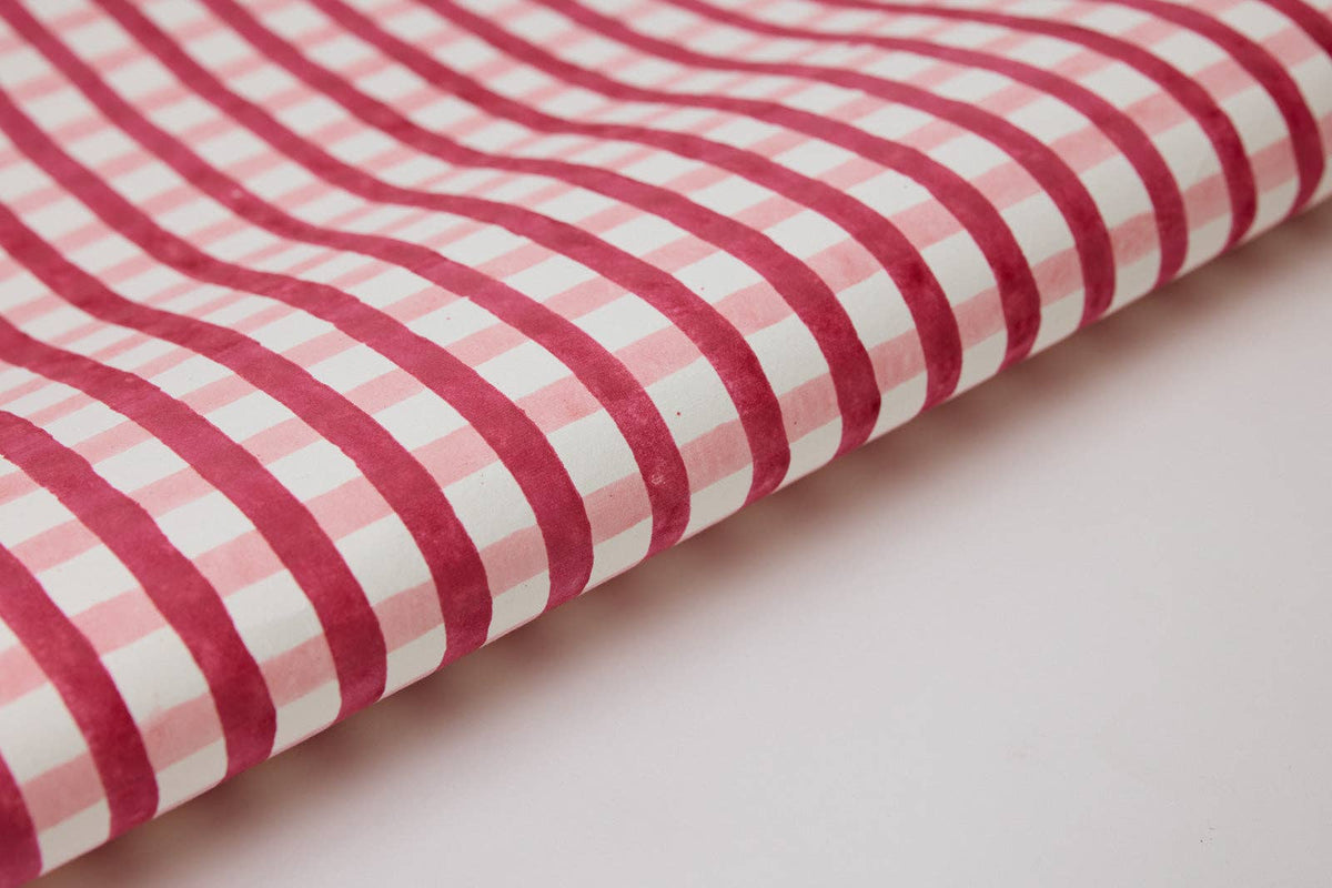 Block Printed Pink Plaid Christmas Wrapping Paper Sheet by paper mirchi at penny black - shown rolled