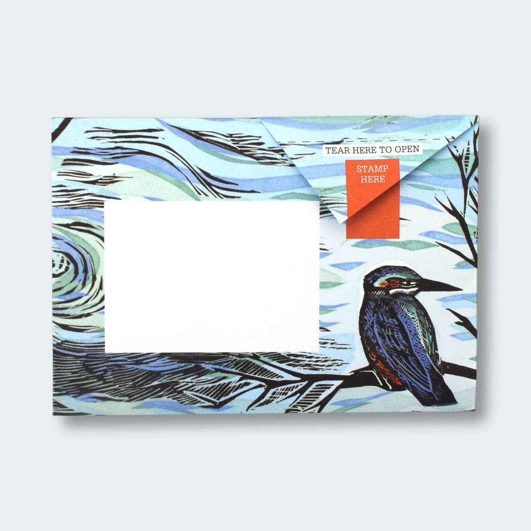 Rewilding Pigeon Folding Letter Set by penny black - showing a folded letter with artwork showing a Kingfisher bird on a branch at the water's edge