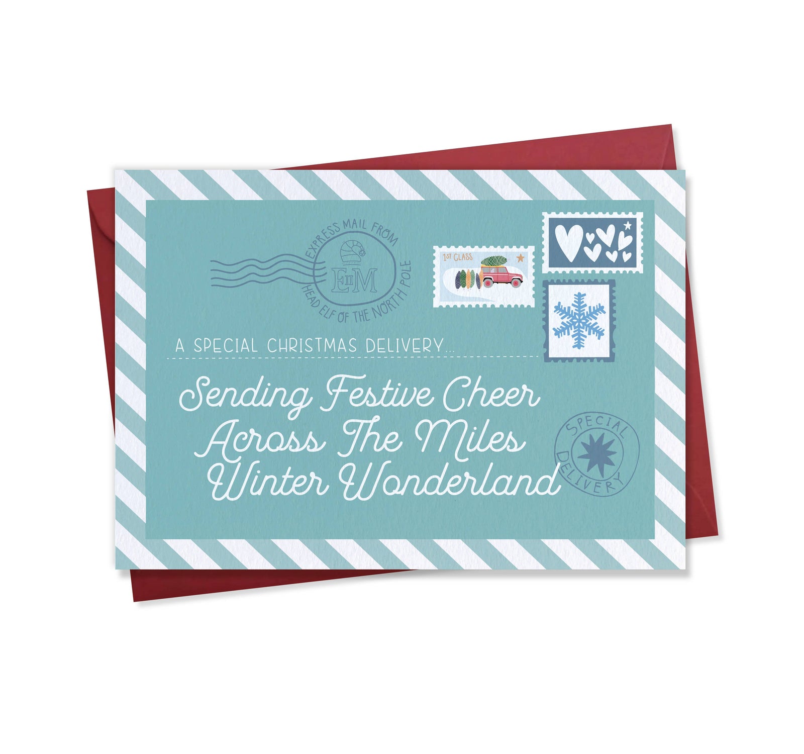 Airmail themed Christmas card that is light blue in colour with a candy stripe edge, with text reading a special christmas delivery sending festive cheer across the miles winter wonderland and postage stamps.