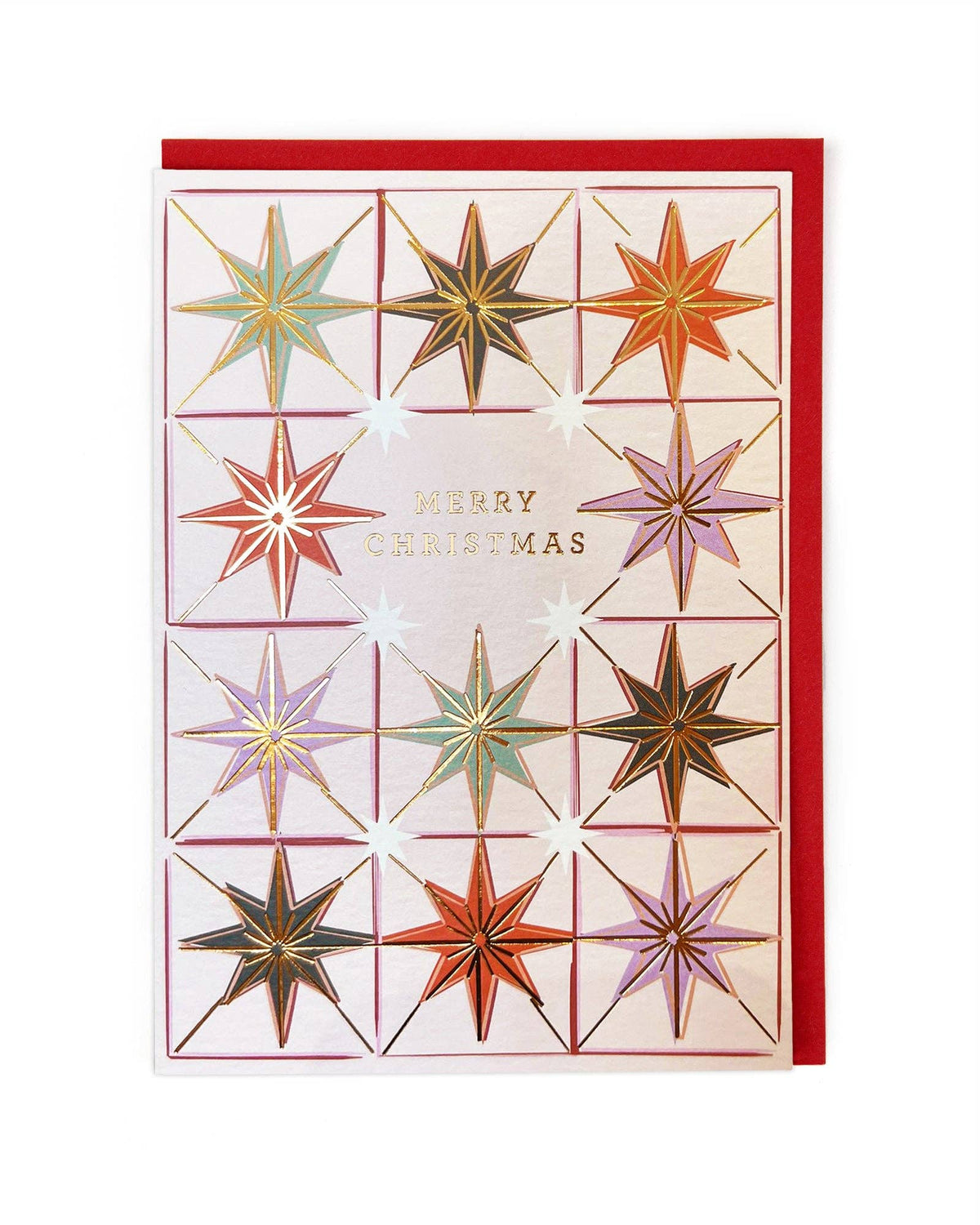 A festive Christmas greeting card featuring a grid of twelve metallic star designs in various colors, with 'MERRY CHRISTMAS' printed in gold foil in the centre, set against a red envelope on a white background.