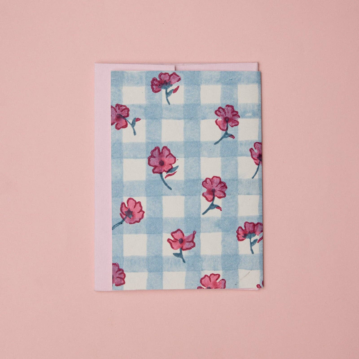 Pink Sorbet Gingham Hand Printed Cotton Birthday Card showing back of card
