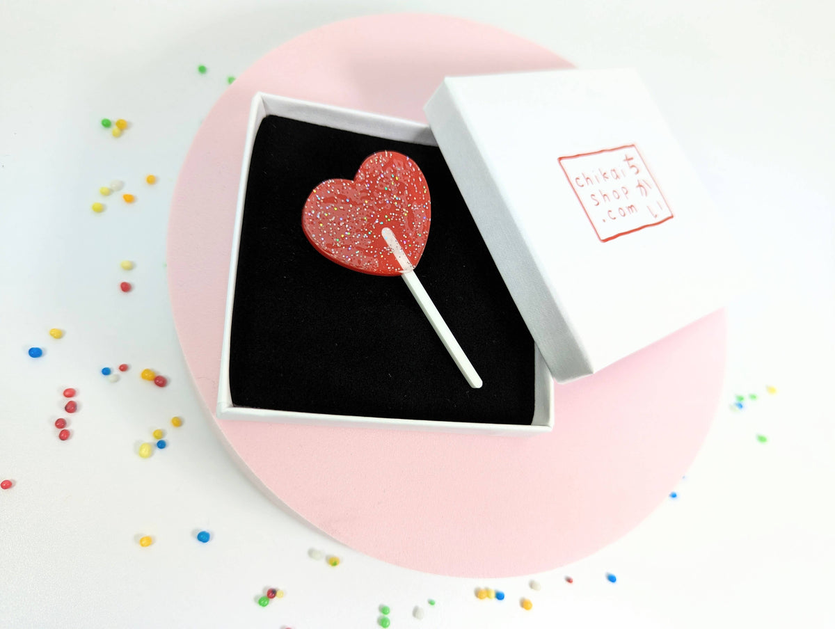 Red Heart Lollipop Glitter Brooch by penny black in box