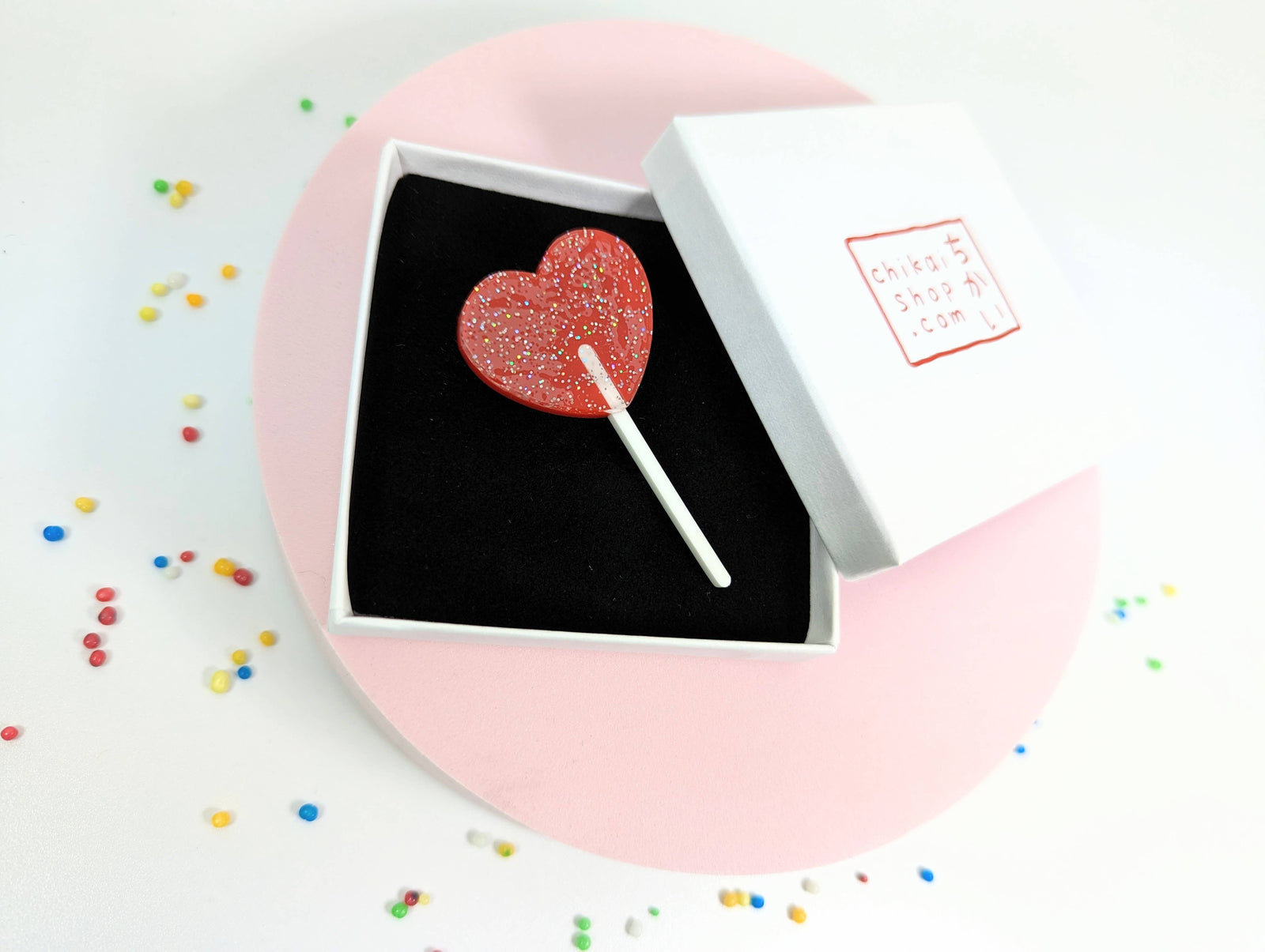 Red Heart Lollipop Glitter Brooch by penny black in box