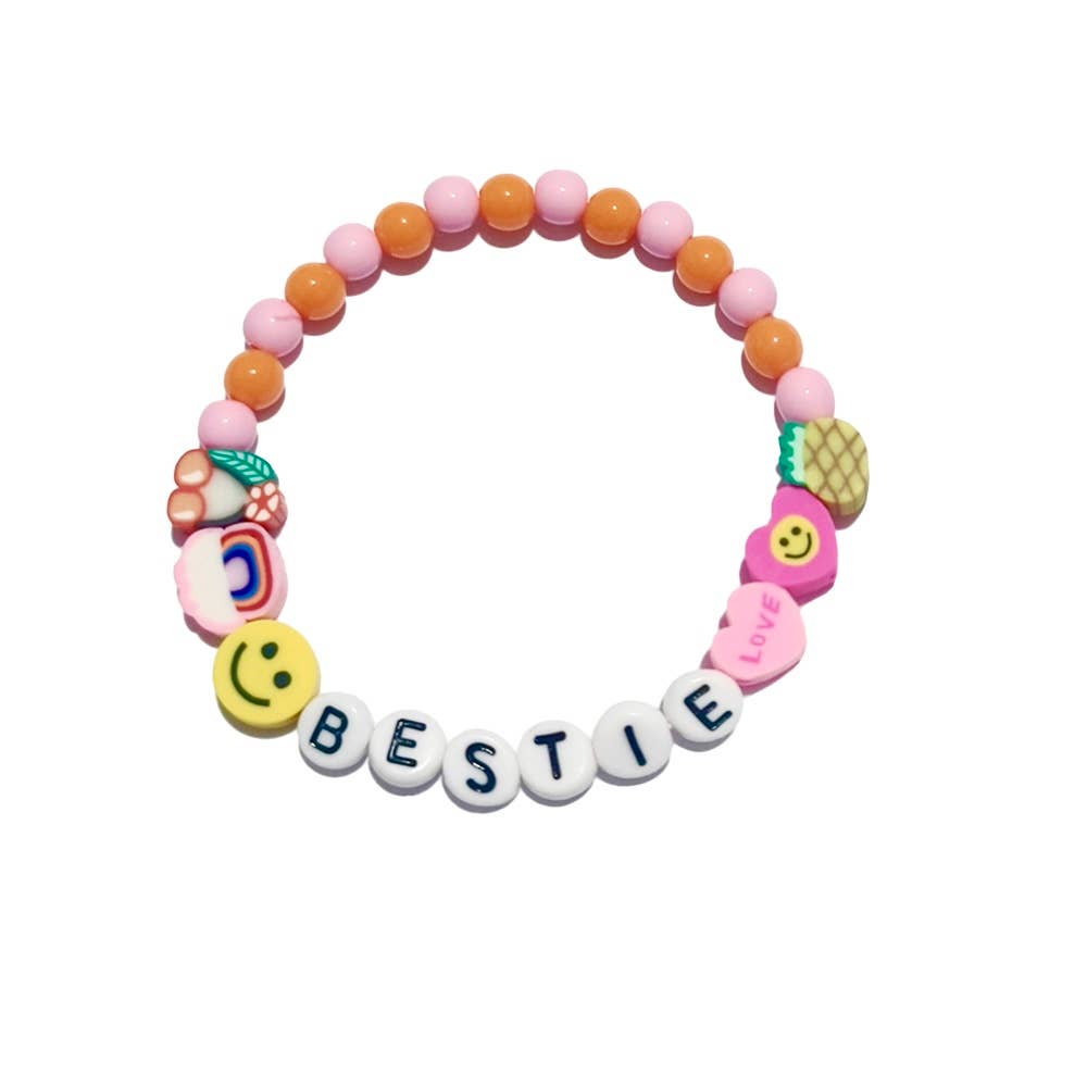 Colourful beaded bracelet with 'BESTIE' and emoji beads on a white background