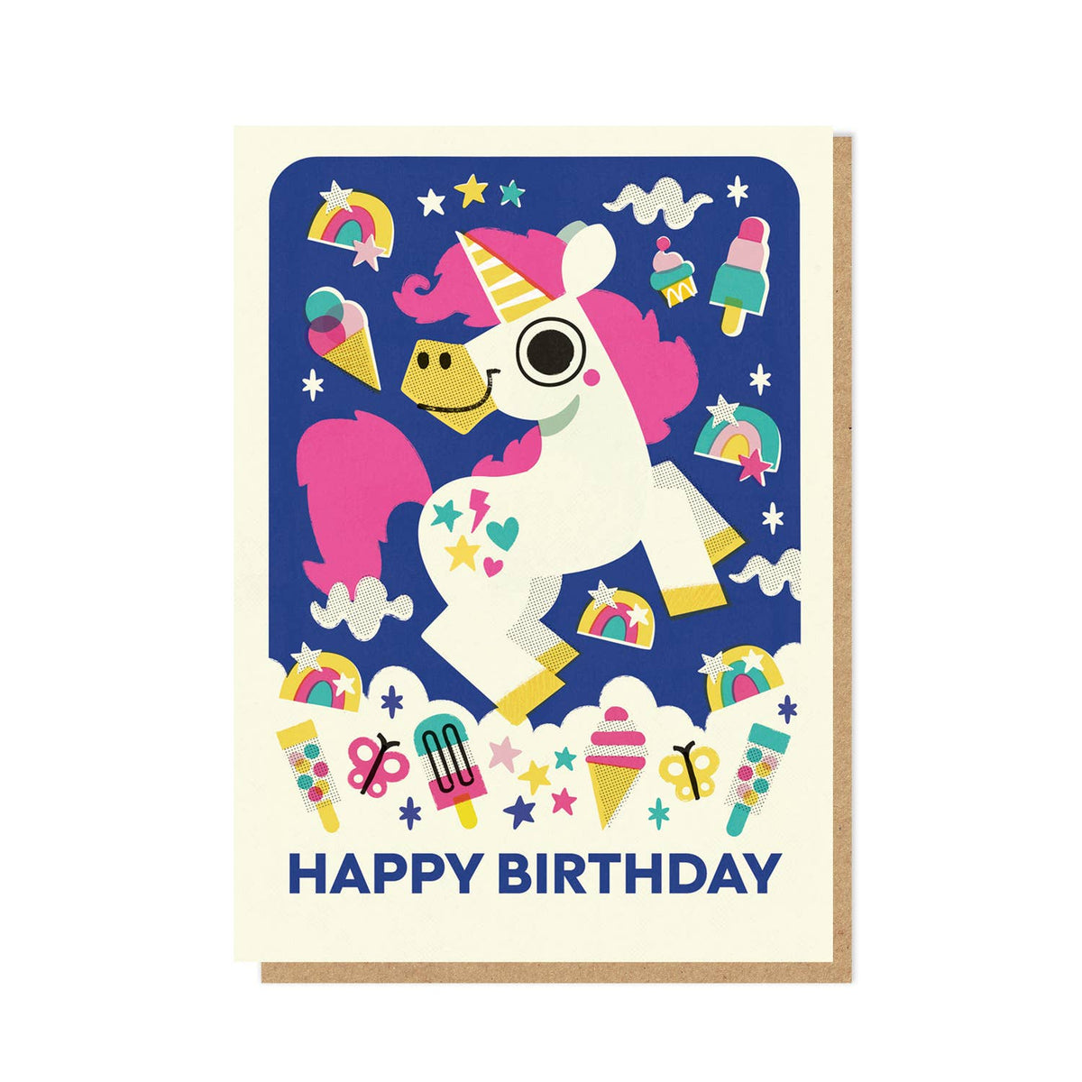 Birthday card with a cartoon unicorn on a blue background accompanied by a kraft brown envelope.