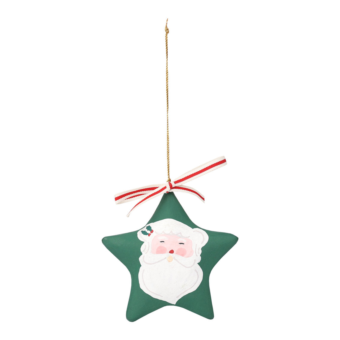 Star-shaped dark green Christmas ornament with Santa Claus face on a white background by talking tables at penny black