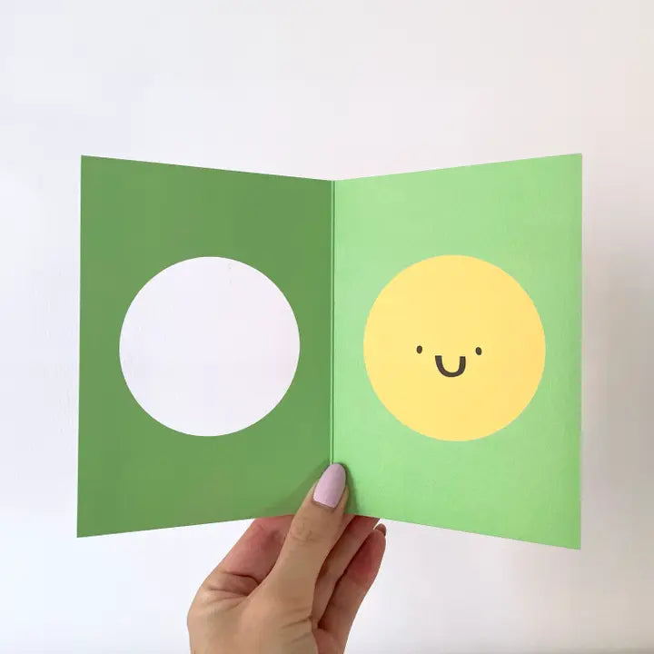The inside of a die cut happy face card showing the inside image.