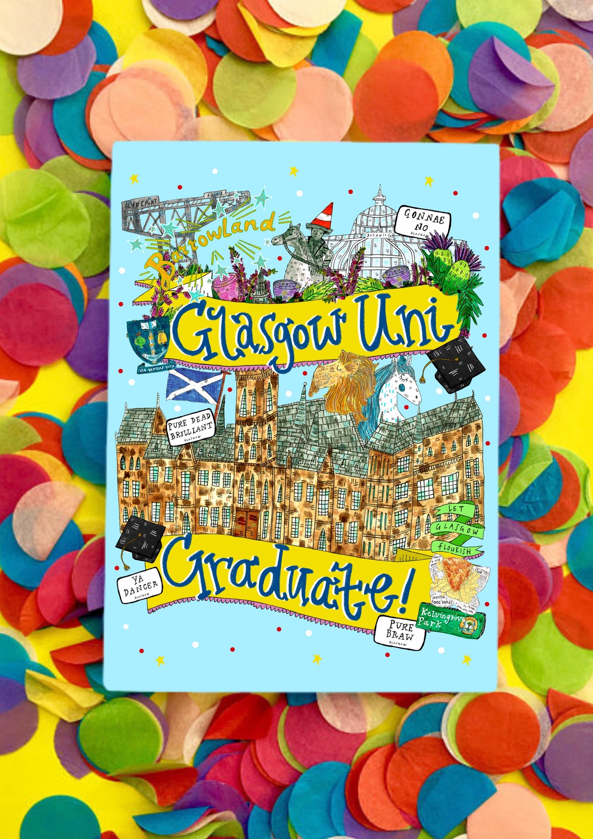 A greetings card with a light blue background with 2 large yellow banners with the words 'Glasgow Uni Graduate!'. There are lots of illustrations of Glasgow including Glasgow University, The Finnieston Crane, Glasgow Botanic Gardens, The Wellington Statue and other Scottish famous icons. the card is lying on a bed of rainbow confetti.
