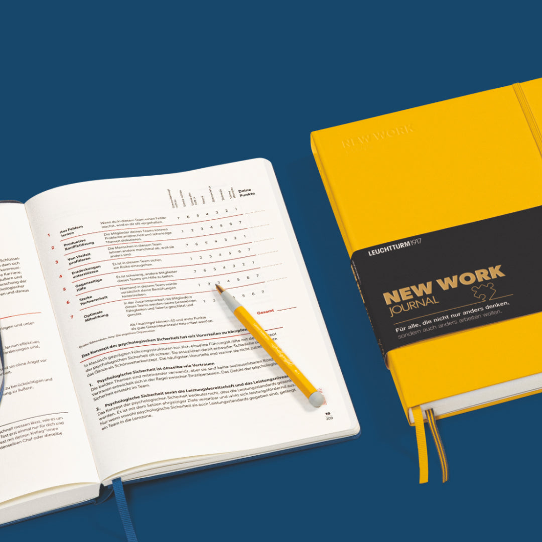 LEUCHTTURM1917 New Work Journal By Penny Black showing it open on a desk