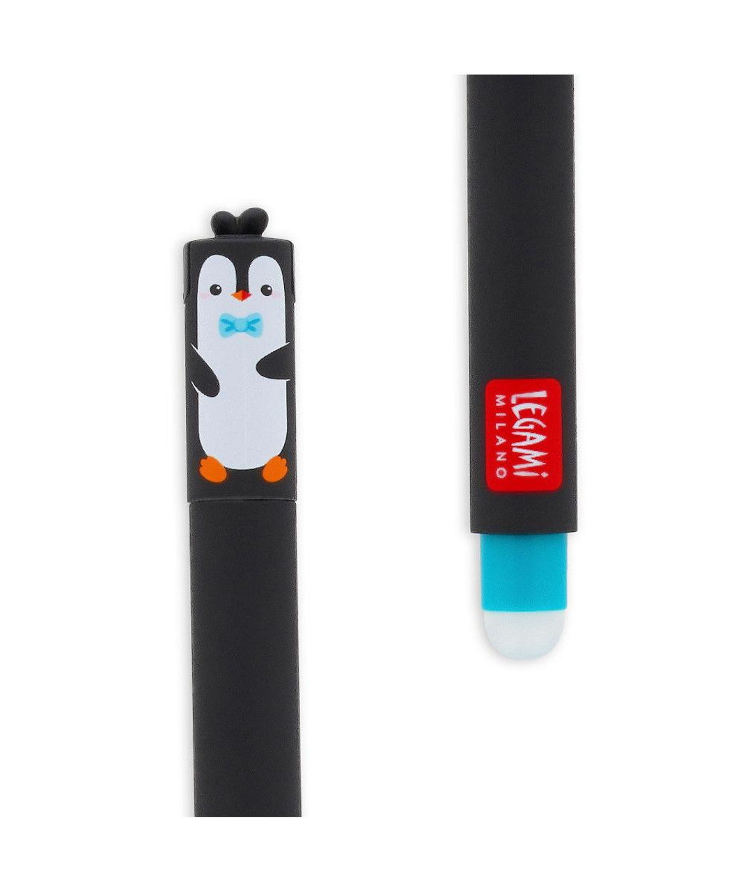 Image of an erasable pen lid and rubber in the shape of a cute penguin.