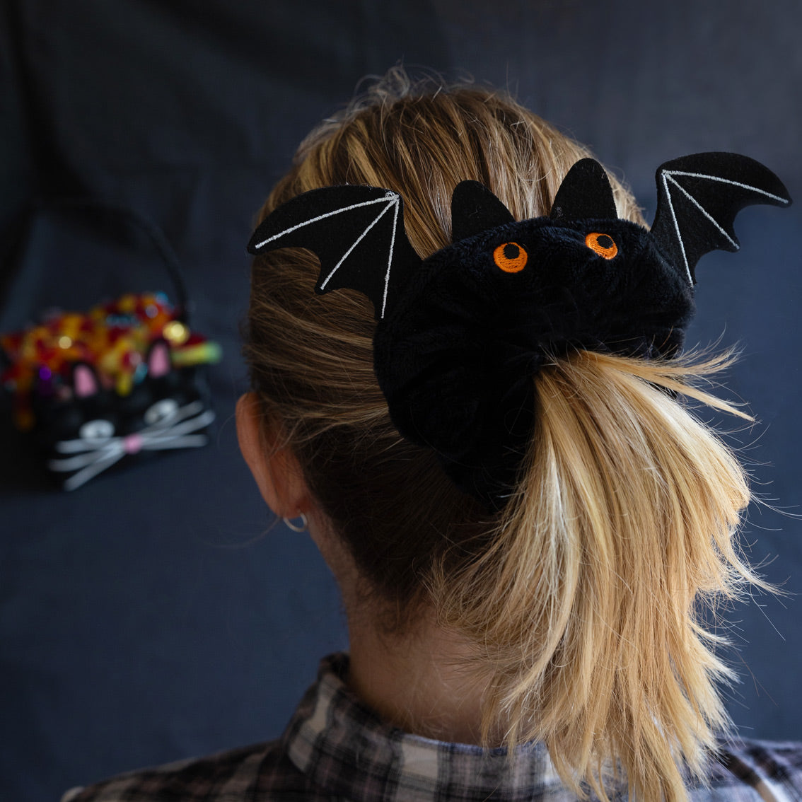 Halloween Black & Orange Bat Hair Scrunchie in hair by penny black