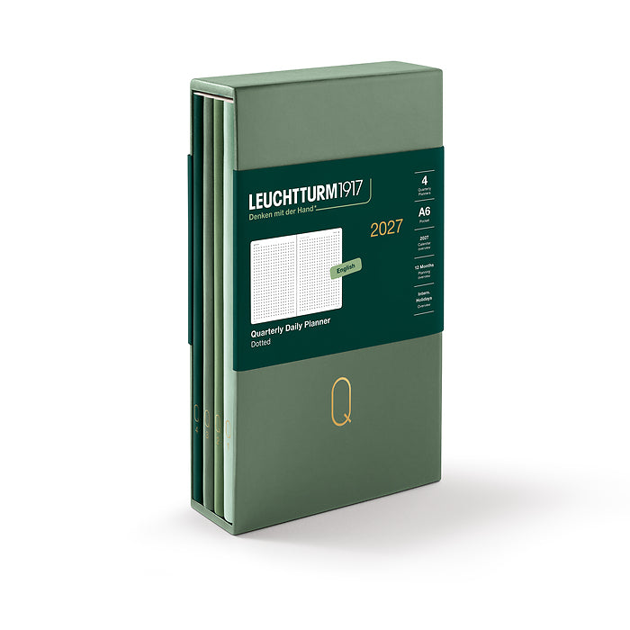 Leuchtturm1917 2027 Quarterly Daily Planner in a dark green hardcover with a dark green paper band around the middle, displayed on a clean white background.