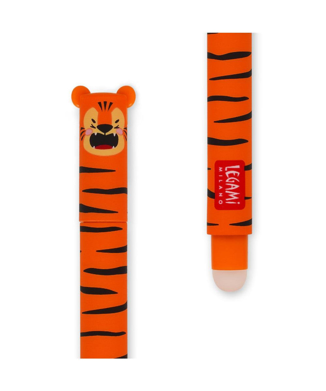 Image of an erasable pen lid and rubber in the shape of a roaring tiger.
