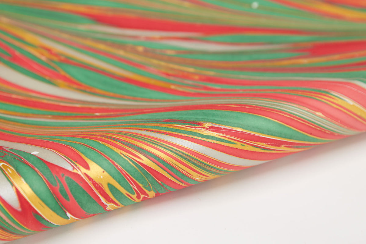 Festive Striations Hand Marbled Christmas Wrapping Paper Sheet