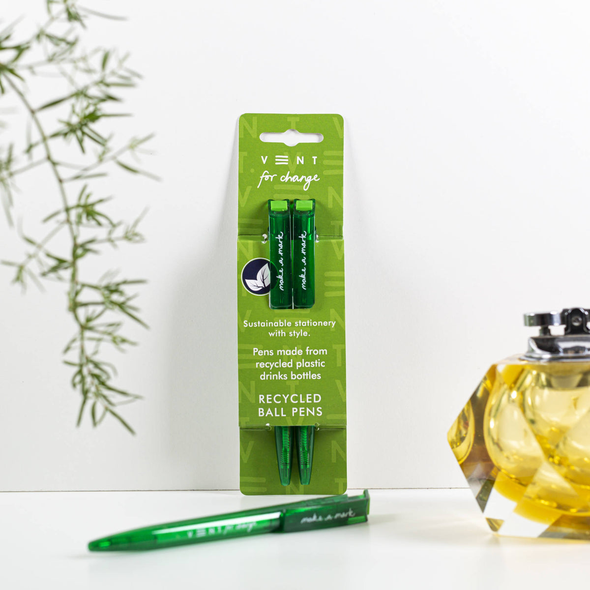 Make a Mark Recycled Pen 2 pack set by Vent for Change in it's packaging against a wall in colourway earthy green