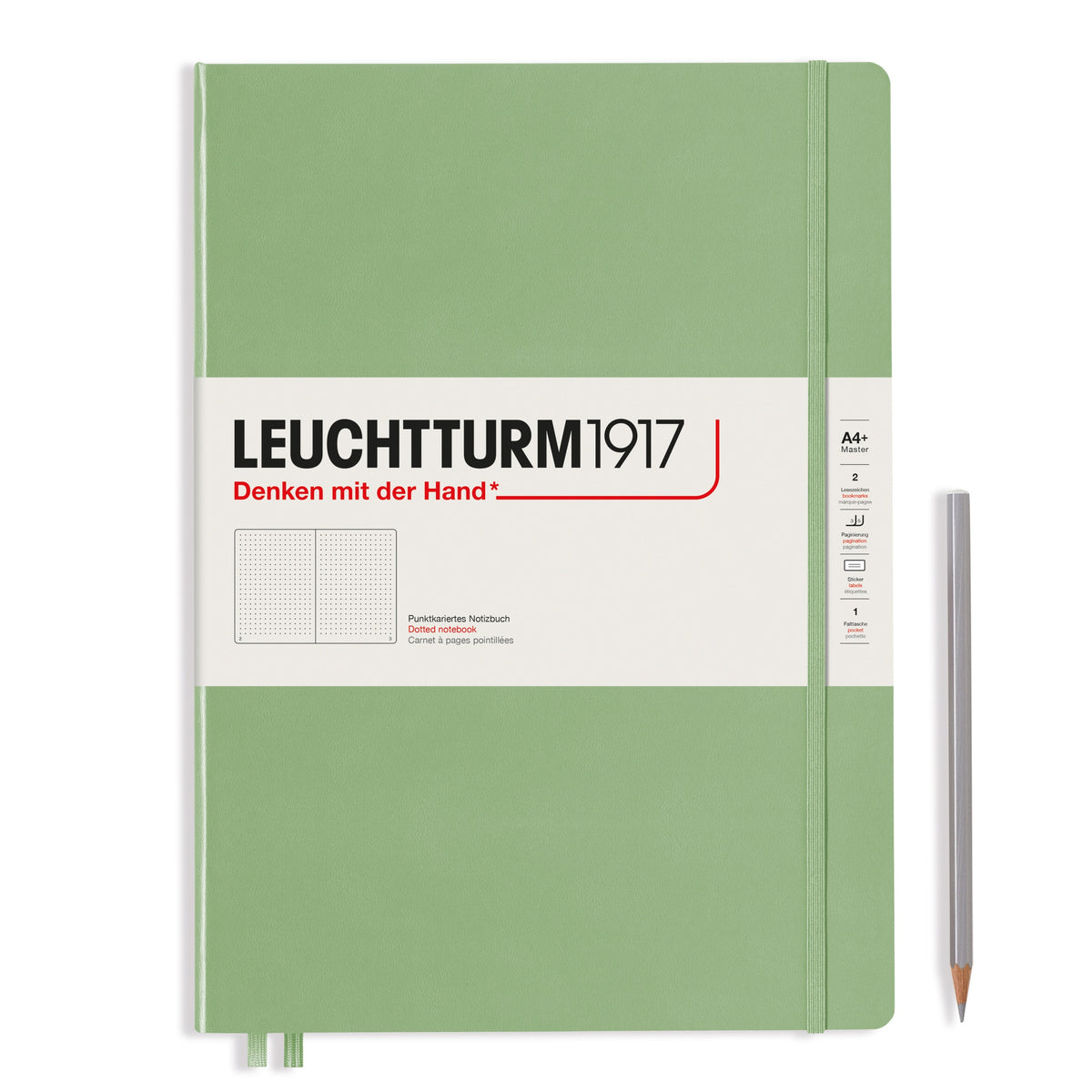A large sage green notebook with a white paper band around it with the logo of the brand Leuchtturm1917. Below this is an image of the page ruling inside - in this case, dotted. It has two page marker ribbons showing at the bottom near the binding and a matching colour elastic notebook closure holding it neatly together. A silver pencil is shown at the side of the book for size reference.