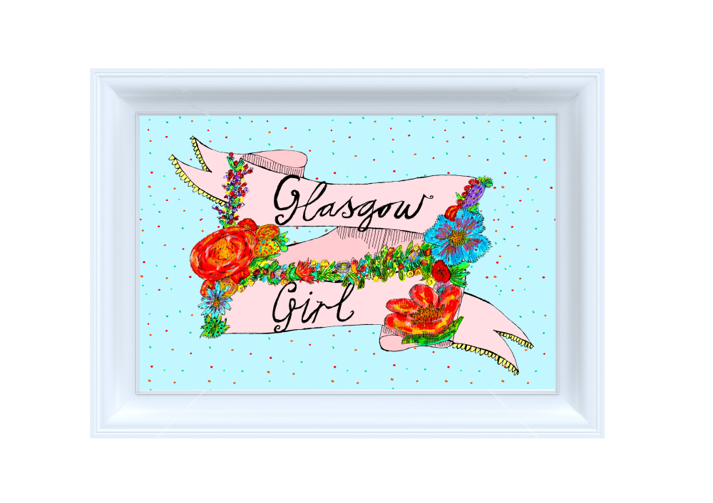 Glasgow Girl A4 Illustrated Scottish Print - example framed by penny black