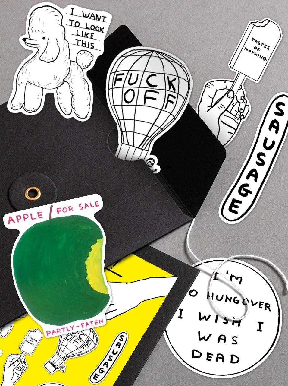 David Shrigley Sticker Pack set 1 contents shown on a table out of the packaging - Penny Black