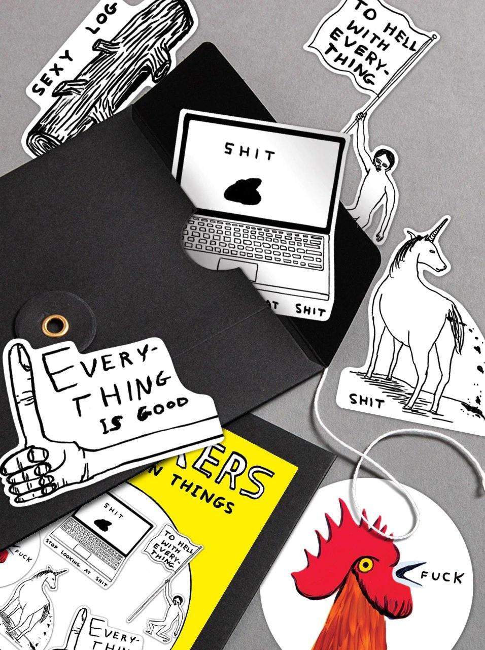David Shrigley Sticker Pack set 2 contents shown on a table out of the packaging - Penny Black