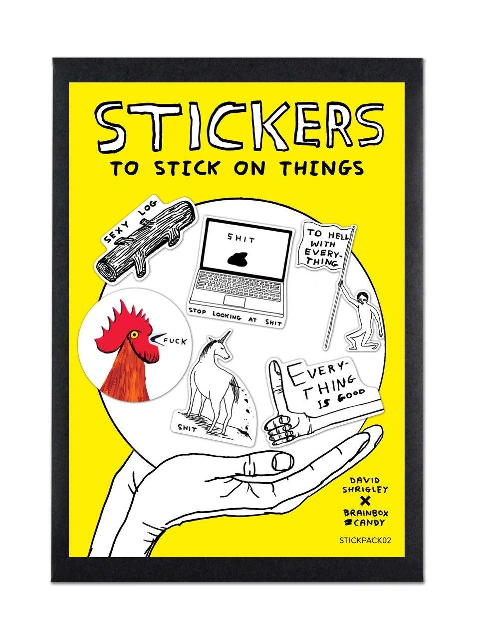 David Shrigley Sticker Pack in bright yellow packaging showing contents of set 2 from Penny Black