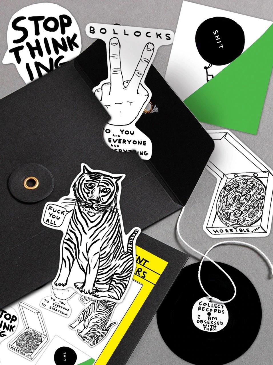 David Shrigley Sticker Pack set 3 contents shown on a table out of the packaging - Penny Black