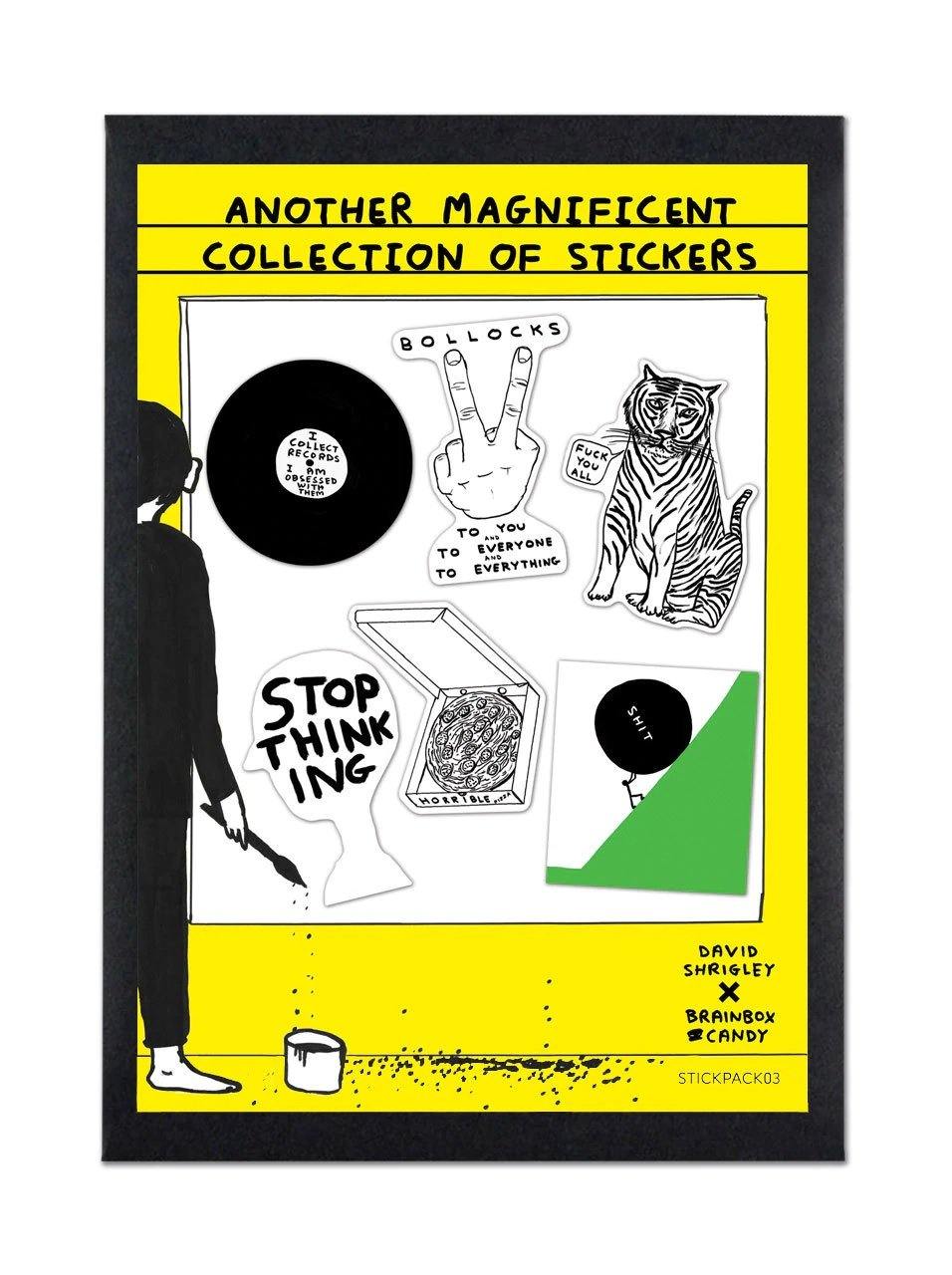 David Shrigley Sticker Pack in bright yellow packaging showing contents of set 3 from Penny Black